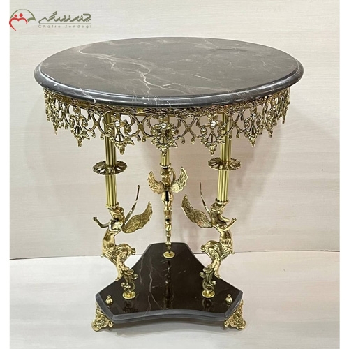 خرید، قیمت و مشخصات میز خاطره گرد لوکس و امروزی، صفحه سنگی مرمر مشکی طرح سه فرشته زیر قیمت | چترزندگی