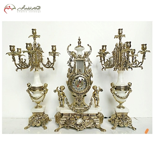 خرید، قیمت و مشخصات ست ساعت و شمعدان، رنگ برنزی و سیاه قلم لوکس و امروزی با پایه سنگی مدل (سلطنتی) زیر قیمت | چترزندگی