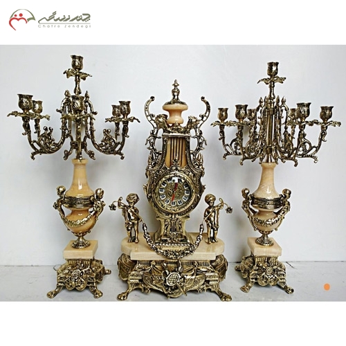 خرید، قیمت و مشخصات ست ساعت و شمعدان سلطنتی پایه دار همراه با سنگ پرتقالی - چترزندگی