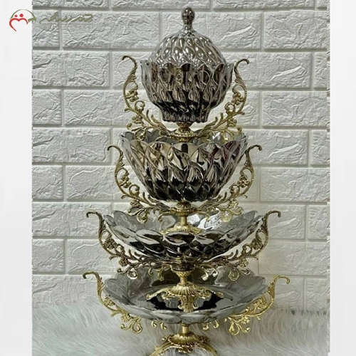 خرید، قیمت و مشخصات ظروف چهار تکه شامل شیرینی خوری آجیل خوری میوه خوری و شکلات خوری، جنس بدنه آلیاژ و پایه های برنزی - چترزندگی