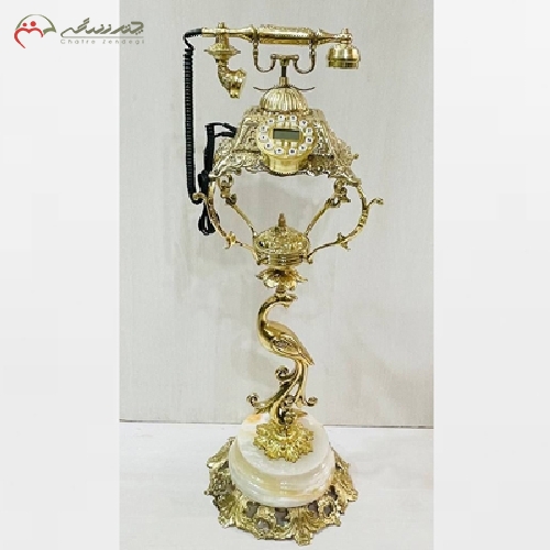 خرید، قیمت و مشخصات تلفن ایستاده طرح طاووس جنس بدنه برنزی و پایه سنگی، رنگ طلایی و دارای ضمانت - چترزندگی