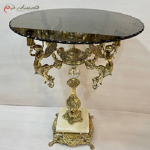 خرید، قیمت و مشخصات میز خاطره 4 فرشته پایه سنگی با بدنه برنزی و رویه شیشه ای با دوام - چترزندگی