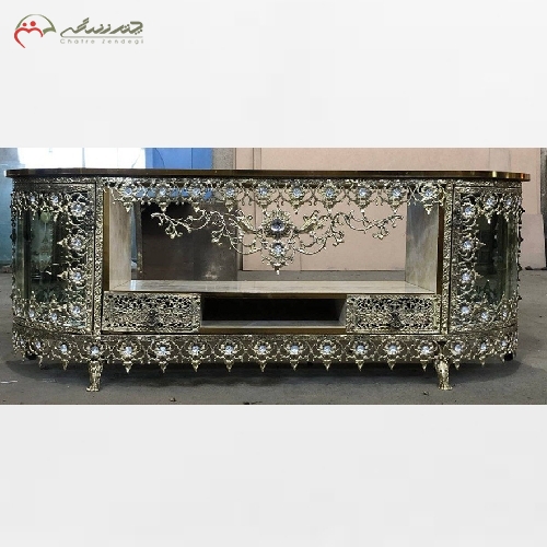 خرید، قیمت و مشخصات میز تلویزیون تمام برنز مدل ویترین دار بغل خم، پر کار و سنگین وزن - چترزندگی