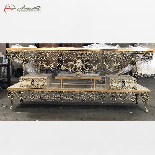 خرید، قیمت و مشخصات میز تلویزیون برنزی تاج دار سنگین وزن و صفحه طرح سنگ هایگلاس - چترزندگی