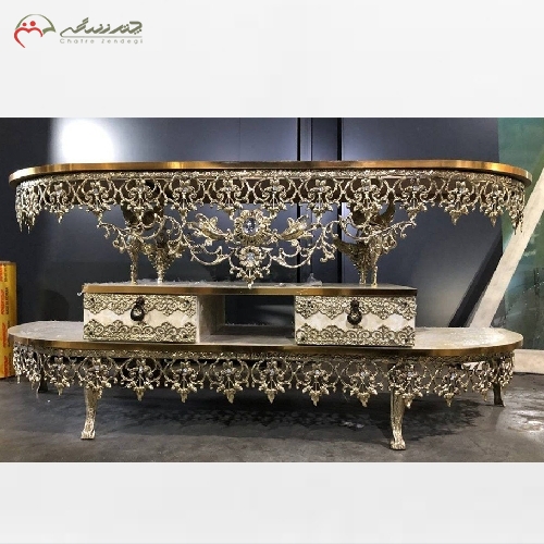 خرید، قیمت و مشخصات میز تلویزیون بغل خم تمام برنزی دارای 2 کشو و سنگین وزن و پر کار - چترزندگی