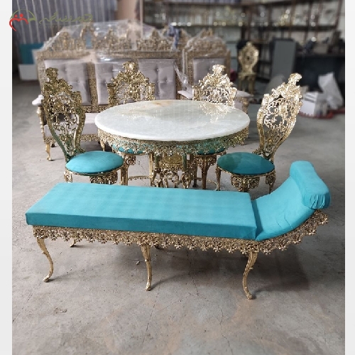 خرید، قیمت و مشخصات میز ناهار خوری دسته دار مدل سلطنتی همراه با کاناپه جنس برنزی و پارچه درجه یک - چترزندگی