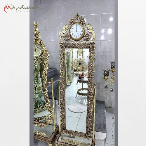 خرید، قیمت و مشخصات آینه قدی ساعت دار بدنه برنزی کار شده و طراحی شیک و شکیل با ضمانت رنگ و دوام بدنه - چترزندگی
