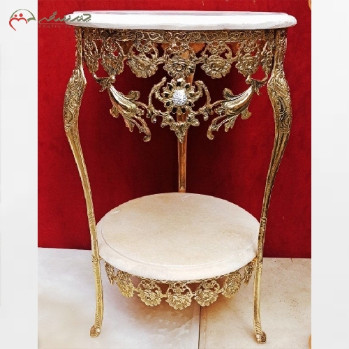 خرید، قیمت و مشخصات میز تلفن 3 پایه مدل رز دو طبقه و بدنه برنزی با رویه سنگ مرمر - چترزندگی