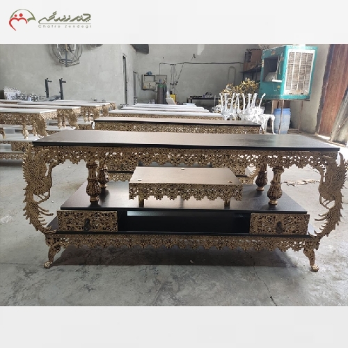 خرید، قیمت و مشخصات میز تلویزیون مدل سیمرغ دو طبقه و بدنه برنز و ام دی اف با طراحی شیک و آنتیک - چترزندگی