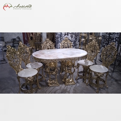 خرید، قیمت و مشخصات میز ناهار خوری 6 نفره مدل سلطنتی بدنه برنزی رنگ ثابت و رویه سنگ مرمر درجه یک - چترزندگی