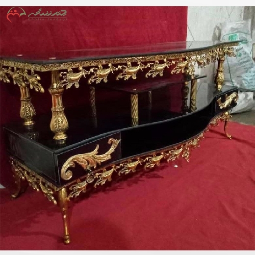 خرید، قیمت و مشخصات میز ال سی دی تسمه بادمجانی و بدنه تمام برنجی با رویه بسیار مقاوم و درجه یک - چترزندگی