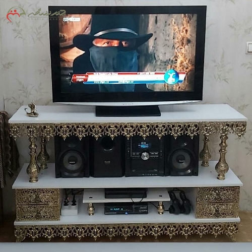 خرید، قیمت و مشخصات میز تلویزیون تسمه جدید مدل چهار کشو و بدنه برنزی رویه ام دی اف - چترزندگی