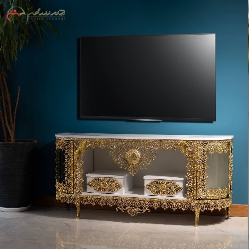 خرید، قیمت و مشخصات میز تلویزیون ویترین دار دو کشو بدنه آلیاژ و رویه ام دی اف با ضمانت 15 ماهه - چترزندگی