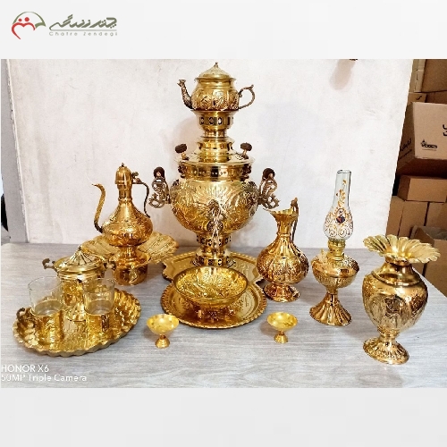 خرید، قیمت و مشخصات ست 14 پارچه سماور ذغالی تبریز به حجم 6 لیتر و بدنه قلم کاری شده با ضمانت رنگ و بدنه محصول - چترزندگی