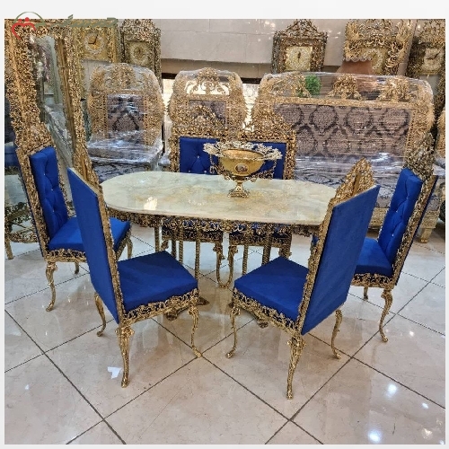 خرید، قیمت و مشخصات میز ناهار خوری 6 نفره تمام برنزی با رویه میز سنگ مرمر درجه یک، طراحی فوق العاده شیک و خاص - چترزندگی