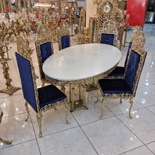 خرید، قیمت و مشخصات میز ناهار خوری 6 نفره طرح گل سرخ بدنه تمام برنزی و رنگ فورتیک با رویه سنگ مرمر سفید - چترزندگی