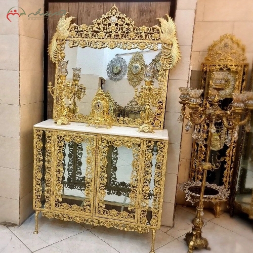 خرید، قیمت و مشخصات آینه کنسول بوفه دار همراه با ساعت رومیزی و شمعدان، ست بسیار شیک و خاص - چترزندگی