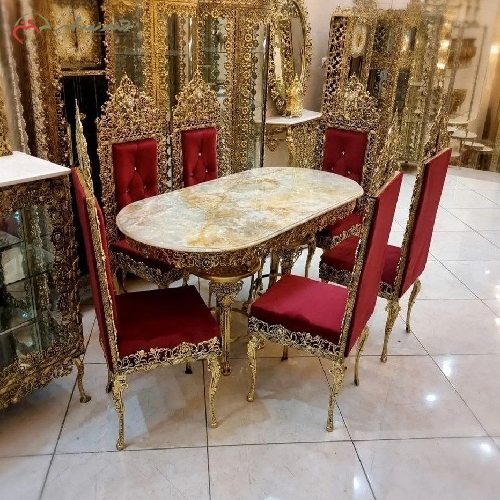 خرید، قیمت و مشخصات میز ناهار خوری 6 نفره، بدنه طرح گل سرخ و رویه سنگ مرمر با رنگ بندی متنوع پارچه - چترزندگی