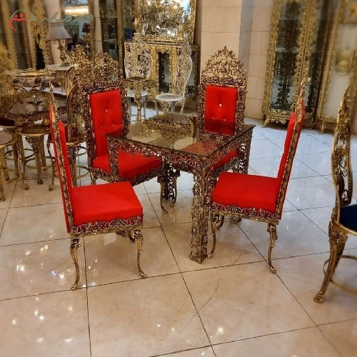 خرید، قیمت و مشخصات میز ناهار خوری 4 نفره برنزی طرح گل سرخ، تنوع رنگ پارچه با رویه ی سنگ و شیشه دارای گارانتی - چترزندگی
