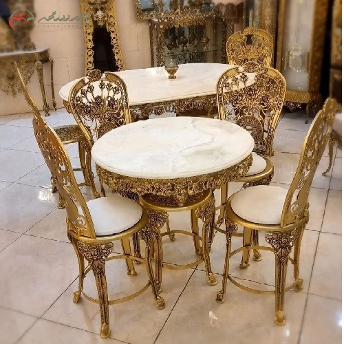 خرید، قیمت و مشخصات میز ناهار خوری 4 نفره با بدنه آلیاژ رنگ ثابت و رویه سنگ مرمر سفید با ضمانت - چترزندگی