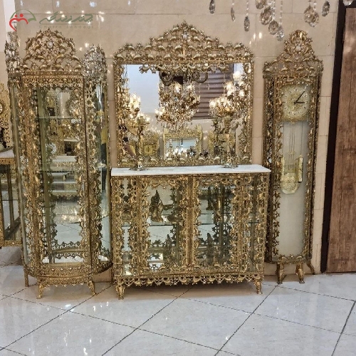 خرید، قیمت و مشخصات ست کامل کنسول، ساعت ایستاده و بوفه سه طبقه برنزی طرح بادمجانی و بدنه کار شده و شیک - چترزندگی