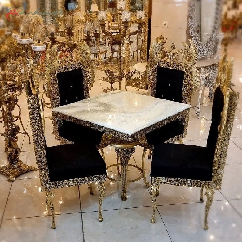 خرید، قیمت و مشخصات میز ناهار خوری 4 نفره طرح طاووس با بدنه آلیاژ بسیار با دوام و رنگ ثابت و رویه سنگ مرمر سفید - چترزندگی