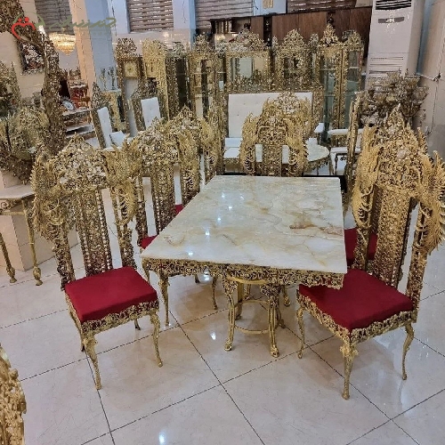خرید، قیمت و مشخصات میز ناهار خوری 6 نفره طرح طاووس با رویه سنگ مرمر و رنگ بندی متنوع پارچه - چترزندگی