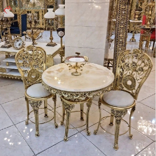 خرید، قیمت و مشخصات ناهار خوری 4 نفره برنزی با رویه سنگ مرمر و بدنه کار شده شیک و آنتیک با ضمانت - چترزندگی