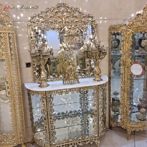 خرید، قیمت و مشخصات آینه کنسول تمام برنزی ویترین دار طرح بادمجانی با رویه سنگ مرمر و رنگ طلایی با گارانتی - چترزندگی