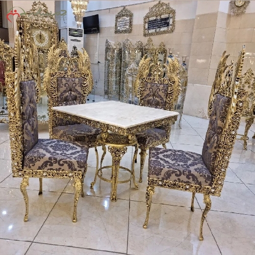 خرید، قیمت و مشخصات میز ناهار خوری 4 نفره طرح سیمرغ با رنگ بندی متنوع رویه صندلی و سنگ مرمر کار شده در میز - چترزندگی