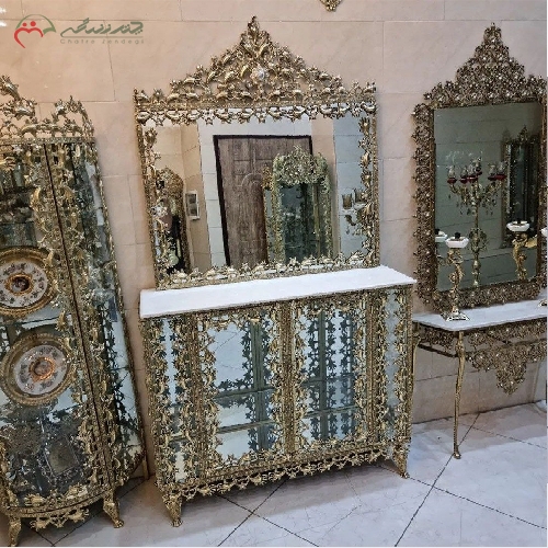 خرید، قیمت و مشخصات آینه کنسول ویترین دار برنزی طرح بادمجانی با رویه سنگ مرمر و ضمانت رنگ بدنه - چترزندگی