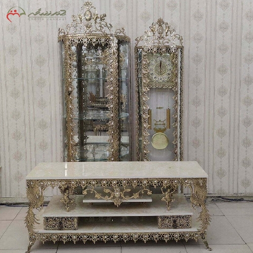 خرید، قیمت ومشخصات سرویس 3 پارچه جهیزیه تمام برنزی، مدل گل آفتابگردان و میز تلویزیون طاووس دار با گارانتی رنگ - چترزندگی