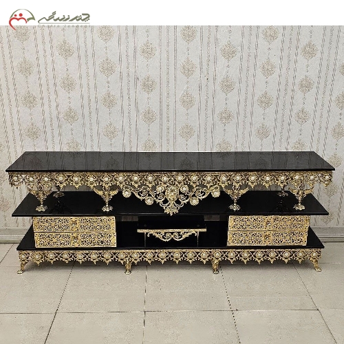 خرید، قیمت و مشخصات میز تلویزیون 4 کشو بدنه برنزی طرح گل آفتابگردان با صفحه مشکی و رنگ طلایی بدنه با گارانتی - چترزندگی