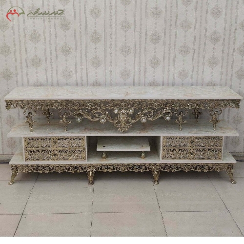 خرید، قیمت و مشخصات میز تلویزیون تمام برنزی مدل گل سرخ و 4 کشو طراحی دو طبقه و رنگ آبکاری درجه یک - چترزندگی