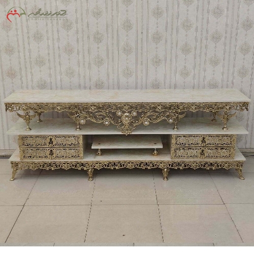 خرید، قیمت و مشخصات میز تلویزیون برنزی مدل گل سرخ سنگین و بدنه ی ظریف کاری شده با رنگ آبکاری طلایی - چترزندگی