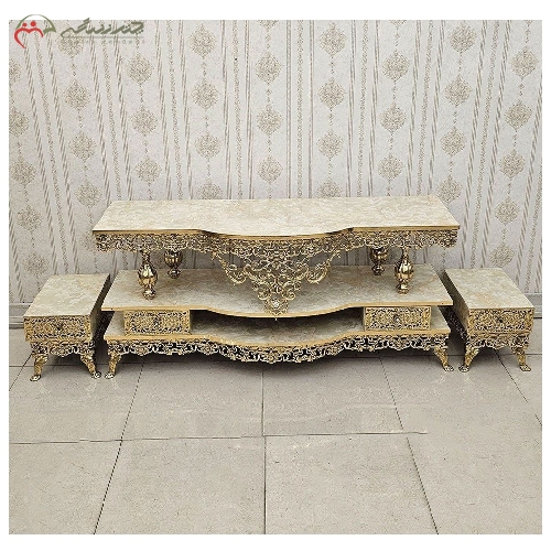 خرید، قیمت و مشخصات میز تلویزیون دو طبقه برنزی به همراه 2 عدد جا باندی مدل گل سرخ سنگین با گارانتی - چترزندگی