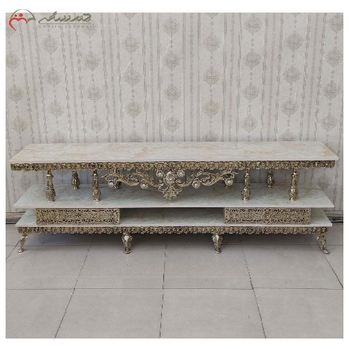 خرید، قیمت و مشخصات میز تلویزیون مدل گل رز، بدنه برنزی رنگ ثابت، دارای 2 عدد کشو با رویه ی ام دی اف - چترزندگی