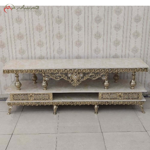 خرید، قیمت و مشخصات میز تلویزیون برنزی 2 کشو، بدنه برنزی طرح گل رز سنگین و رنگ طلایی با کیفیت و ضمانتی - چترزندگی