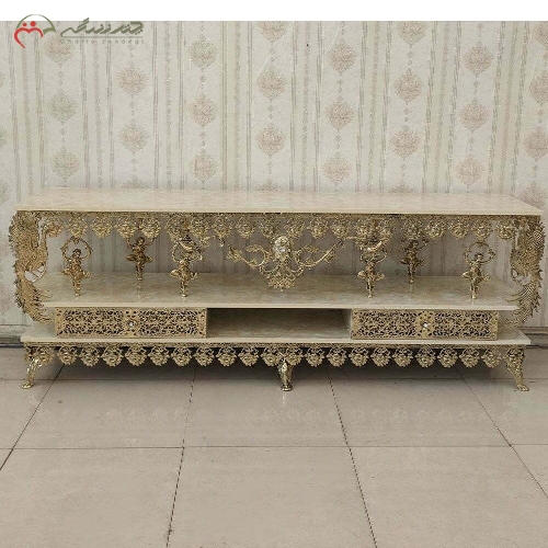 خرید، قیمت و مشخصات میز تلویزیون برنزی طرح طاووس با بدنه ی ظریف کاری شده و گارانتی رنگ بدنه  - چترزندگی