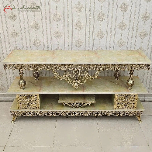 خرید، قیمت و مشخصات میز تلویزیون 4 کشو برنزی طرح گل سرخ سنگین و رنگ طلایی، طراحی بی نظیر و قیمت عالی - چترزندگی