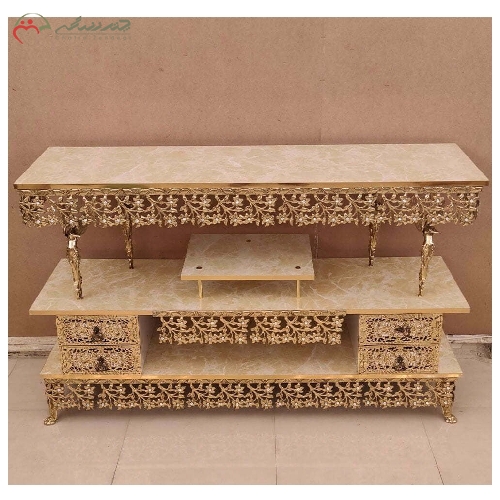 خرید، قیمت و مشخصات میز تلویزیون برنزی طرح فرشته با تسمه های درختی، طراحی 2 طبقه و 4 کشو با گارانتی رنگ و دوام بدنه - چترزندگی