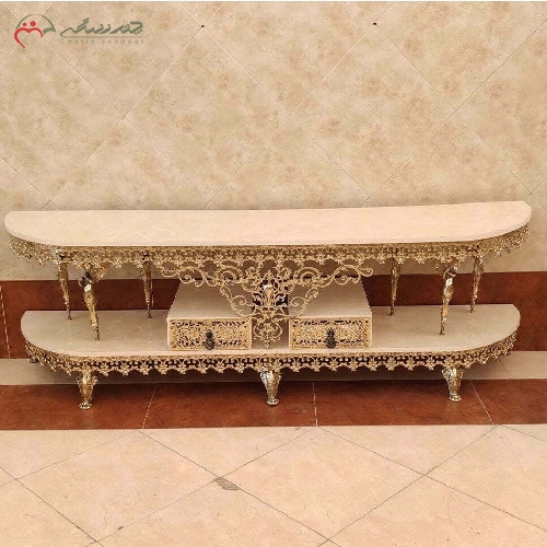 خرید، قیمت و مشخصات میز تلویزیون مدل گل نقلی با بدنه ی برنزی حاشیه گرد و پایه های طرح فرشته با ضمانت - چترزندگی