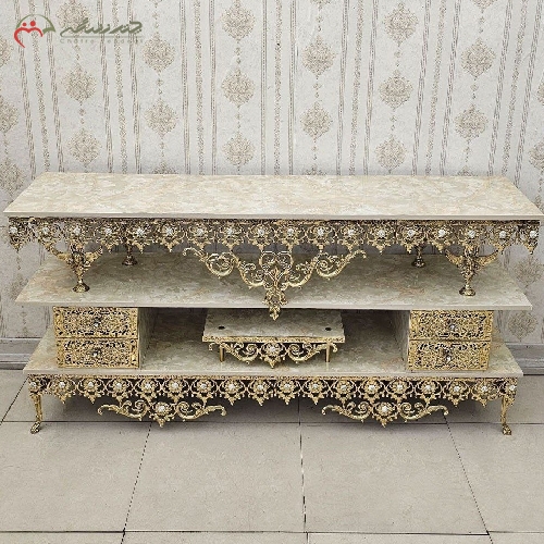خرید، قیمت و مشخصات میز تلویزیون برنزی با طرح بدنه آفتابگردان و طراحی 2 طبقه 4 کشو با ضمانت رنگ و بدنه - چترزندگی