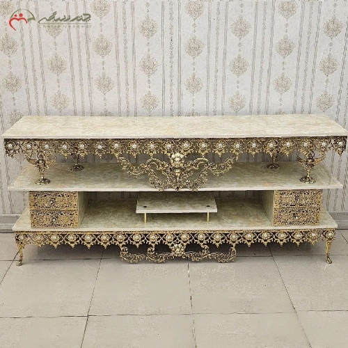 خرید، قیمت و مشخصات میز تلویزیون 2 طبقه برنزی 4 کشو با رویه ام دی اف و رنگ طلایی با ضمانت - چترزندگی