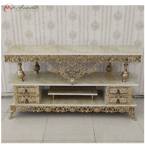 خرید، قیمت و مشخصات میز تلویزیون طرح گل سرخ با بدنه برنزی و رویه هایگلس همراه 4 کشو و رنگ درجه یک  - چترزندگی