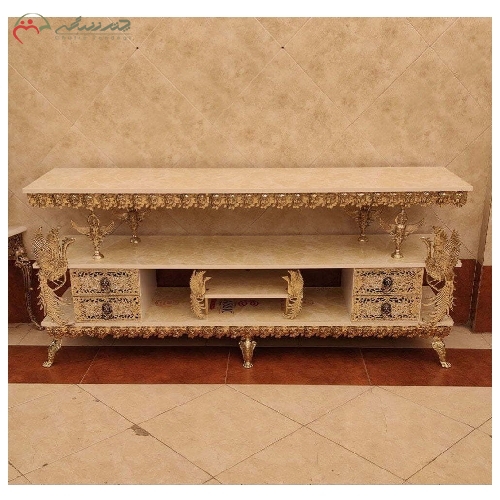 خرید، قیمت و مشخصات میز تلویزیون برنزی 4 کشو طرح طاووس و گل رز رنگ طلایی با کیفیت و دارای ضمانت - چترزندگی