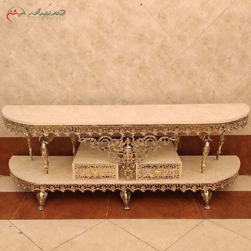 خرید، قیمت و مشخصات میز تلویزیون برنزی طرح نیم گرد همراه 2 عدد کشوی طراحی شده با پایه های طرح فرشته  - چترزندگی