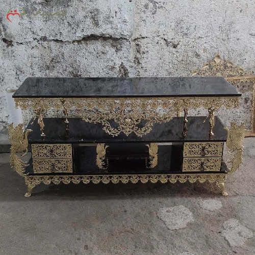 خرید، قیمت و مشخصات میز تلویزیون برنزی بدنه طرح گل رز و حاشیه های طاووس و بدنه 2 طبقه 4 کشو با گارانتی - چترزندگی