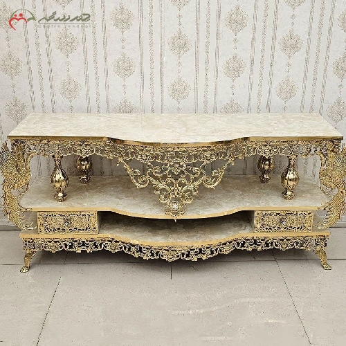 خرید، قیمت و مشخصات میز تلویزیون برنزی، بدنه ی گل سرخ سنگین و حاشیه های طاووس با قیمت عالی و کیفیت درجه یک - چترزندگی