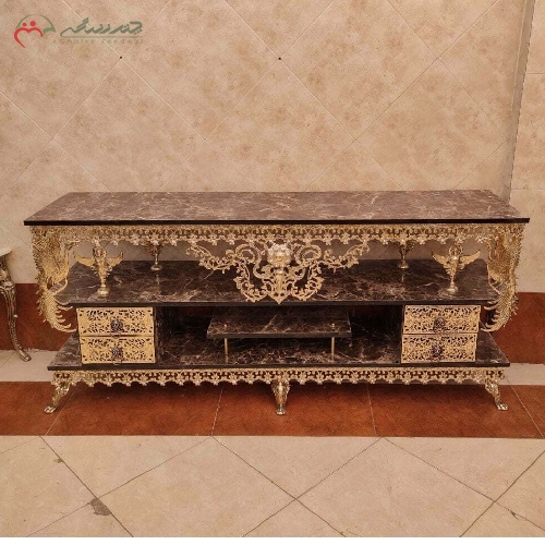 خرید، قیمت و مشخصات میز تلویزیون برنزی  2 طبقه با رویه هایگلس 4 کشو مدل گل نقلی با حاشیه ی طاووس دار - چترزندگی